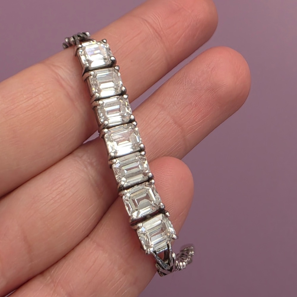Silver Emerald Cut Cubic‎ Zirconia Chevron Link Bracelet Vintage Style
